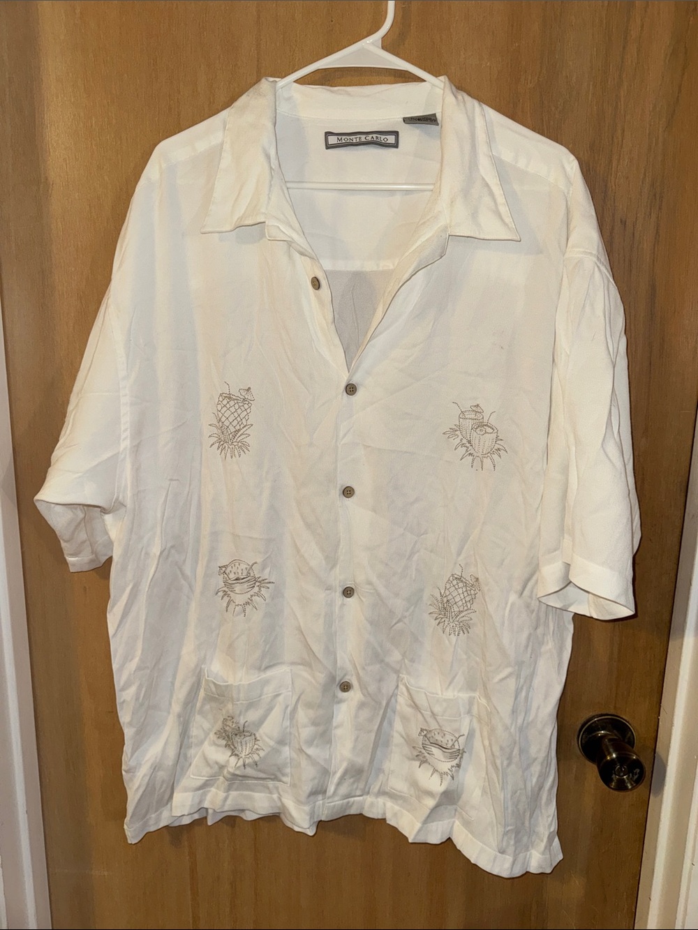 Monte Carlo White Embroidered Button-Up Shirt Pockets Lightweight 2XL
